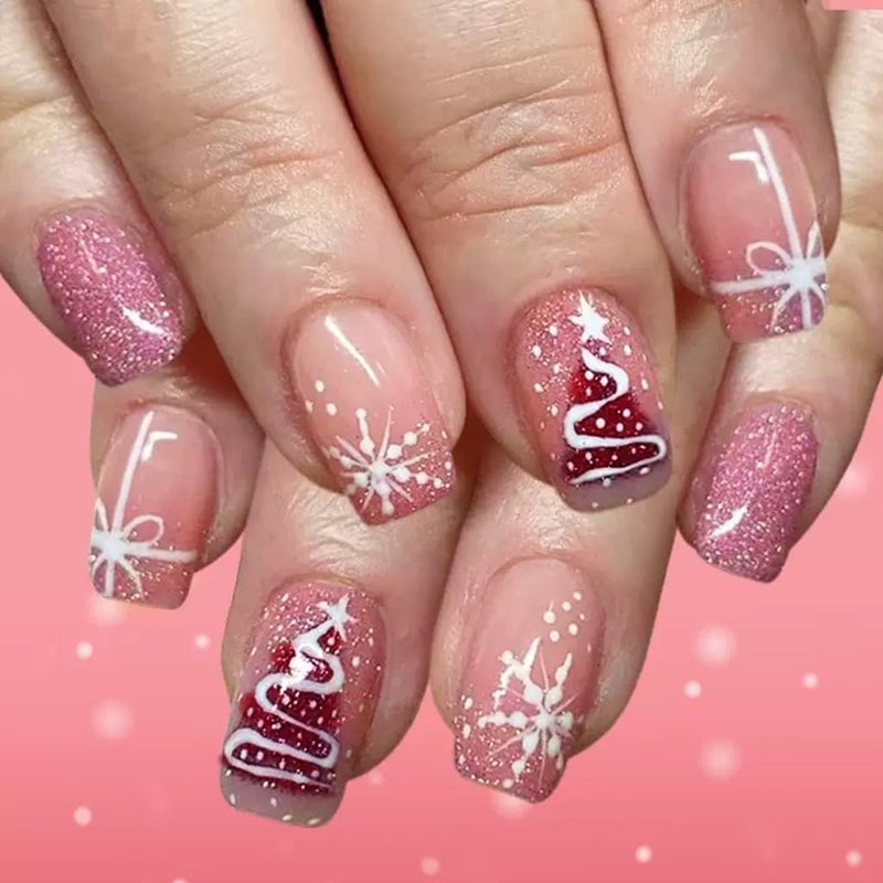 CTTHNBD 6 Packs (144 Pcs) Christmas Press on Nails Almond, Short Square Press on Nails, with Christmas Tree Snowflake Design Red Green Fake Nails for Women - 12 Sizes, 6 Styles - Image 5